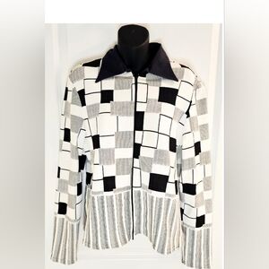 [Ravel]Retro Black & White Geometric Zip Front Women's Jacket